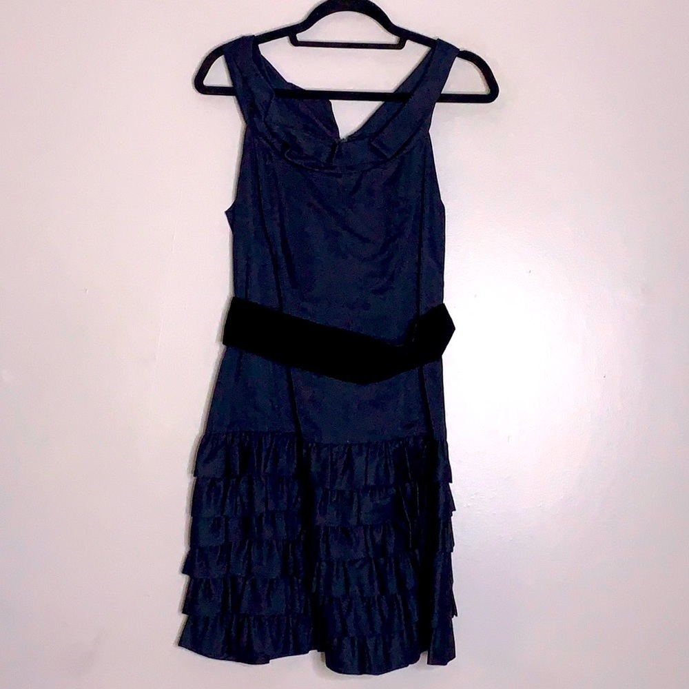 Thread Social Silk Tier Ruffle Classic Navy Blue Short Cocktail Party Dress 8